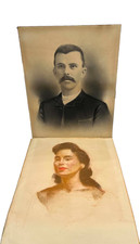 Antique Charcoal Portrait of Man and 1940s Pastel Portrait of Lady 16x20