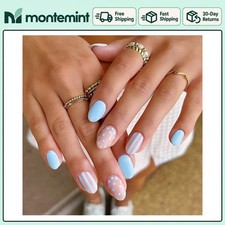 Press On False Nails Short Oval Blue 24 Pcs with Adhesive Tabs and Nail File picture