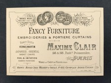 1800s antique AD CARD paris MAXIME CLAIR fancy furniture embroideries curtians picture