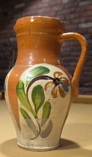 Antique Hand-Painted Hungarian Earthenware Handled Pitcher - Terracotta - 10