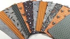 Primitive Halloween Spider Owl Witch Gray Orange Black Quilt Fabric Scrap Lot picture