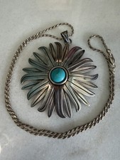 Rare Vintage Taxco Sterling Silver And Turquoise Sunflower Pendant Necklace picture