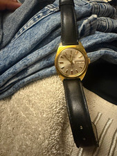 Helbros Self Winding Automatic Day/Date Silver Dial Gold SS Black Leather picture