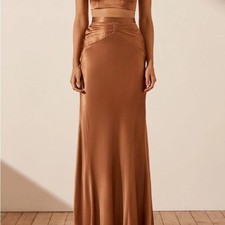 NWT Shona Joy La Lune Ruched Satin Maxi Skirt Almond Size 0 picture