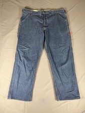 Vintage 1960s 1970s GWG Red Strap Denim Jeans Union Made 42x28 Lightning Zipper picture