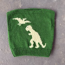 1950s Vintage Kids Toddler Hand Knit Dinosaur Pullover Vest Green Crochet T-Rex picture