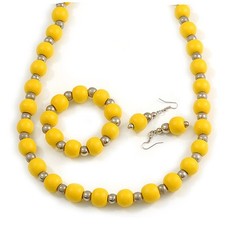 Wooden and Acrylic Bead Long Set in Yellow/ Silver Colours/ 70cm Long picture