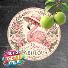 Stay Fabulous Pink Flamingo Round Metal Sign Tropical Summer Porch Tin Plaque picture