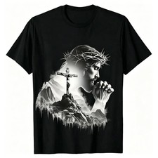 Jesus Praying Crown of Thorns Cross Mountain Christian T-Shirt picture