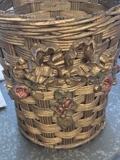 Antique Wicker Barbola Waste Basket With Flowers/swags And Ribbons And Bows picture