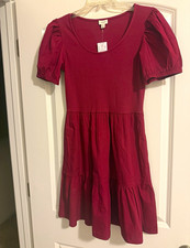 NWT J. Crew Factory Burgundy Ribbed Puff-Sleeve Tiered Casual Dress, Size Small picture