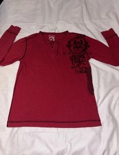 Vintage Y2K Waffle Red Black Henley Men M Rebellion Rock Grunge Graphic Print picture