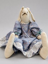 Vintage Handmade White Bunny Rabbit Plush Doll Blue Dress Pink Accents Stuffed picture