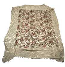 VTG MidCentury Heavy Silk Satin Screen Printed Cream Floral Tassels Material picture