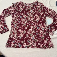 NWT Women's Blue Sol Flower T-Shirt, Size Large Long Sleeve Burgundy Base ￼ picture