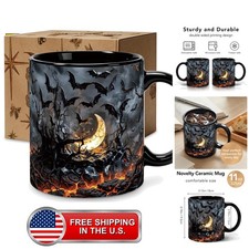 Funny Gothic Bat Moon Mug 11oz, Dark Halloween Spooky Black Ceramic Cup picture