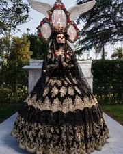 Black Gold Charro Catrina Halloween Dresses Mexican Long Sleeve Applique Lace picture