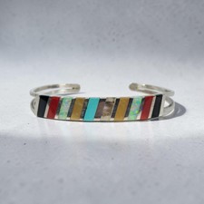 VTG F Sheyka Zuni Sterling Silver Multi Stone Inlay Cuff Bracelet As Is Missing picture