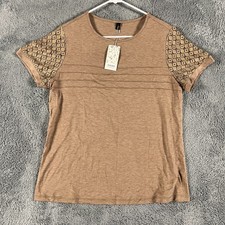 Automet T-Shirt Womens L Brown Pleated Stretch Crochet Lace Sleeve Pullover Tee picture