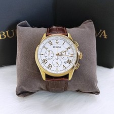 Men's Bulova Wilton White Dial Brown Leather Classic 97B169 Quartz Watch 46.5mm picture