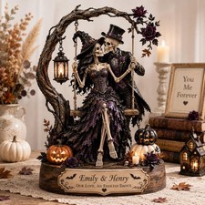 Gothic Skeleton Wedding Wooden Block Personalized Halloween Anniversary Decor picture