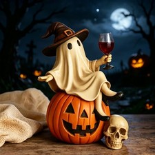 Ghost and Wine Halloween Decoration – Sitting on a Pumpkin – Home Decor picture