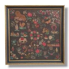 Vtg Paragon Victorian Aubusson Spot Sampler Finished Cross Stitch-Framed-1970s picture