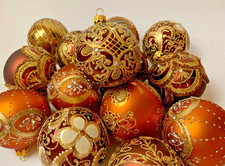 Luxury Set of 10 Gold Bronze Glass Baubles Handmade Holiday Collectibles picture