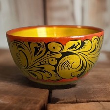 Vintage Khokhloma Hohloma Russian Folk Art Hand Painted Wooden Bowl Made In USSR picture