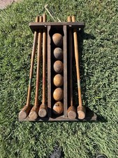 Antique Croquet Set Wooden Caddy Lawn Game Rack Balls Mallet 24” picture