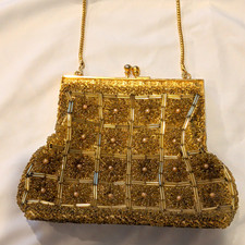 VTG 1950s Gold Beaded Evening Bag Purse Kiss Lock Snake Chains Made In Hong Kong picture