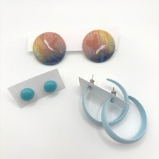 Vintage Blue Earring Bundle 3 Pairs Enamel Hoops Studs Abstract Ceramic Discs picture