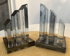 Geometric Smokey Clear Crystal Bookends (2) Pillars 6”Hx4”Lx4”W picture