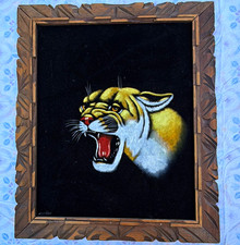 Vintage Black Velvet Tiger Painting Hand Painted Carved Wood Frame 24’x20’ picture