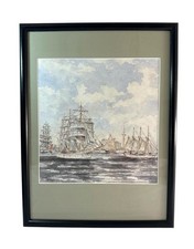 Vintage 1986 Bremerhaven Sail Tall Ships Maritime Watercolor Print Framed 13x17 picture