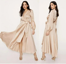 Nasty Gal Women’s 2 Rose Satin Solid V-Neck Balloon Sleeve Wrap Maxi Dress picture
