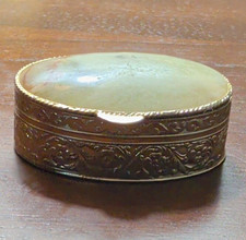 Oval Hinged Metal Trinket Box Gold Tone Floral Embossed Green Stone-Look Lid picture