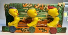 Vintage 1951 Mattel Ducky Parade Wooden Plastic Pull Toy Litho Display Box 1950s picture