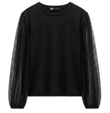 ZARA Women’s Size Large Black Blouse Long Sleeve Top With Sheer Puff Sleeves picture
