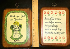 Vintage 1970s Wood Wall Plaques Set of 2 Grandma Kitsch Humorous Retro Decor  picture