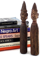 Early 20th C Yoruba Pair Ibedji Twin Figures Head Post Dolls or Dance Wands picture