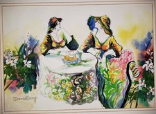 DAVID WONG Original Mixed-Media Painting SIGNED Garden Conversation 2 Friends picture