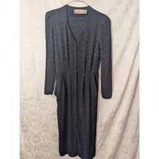 VTG 80s Liz Claiborne Black Jacquard Midi Dress Button Front picture