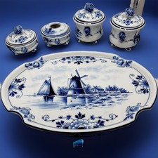 Delft Blue White Beautiful Dutch Windmill Porcelain Dresser Set picture
