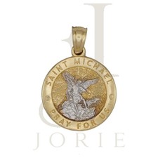 10k TwoTone Gold Unisex Textur Saint Michael Pray For Us Religious Charm Pendant picture