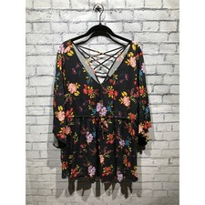 Torrid 2 (Plus 2X) Black Boho Floral Bell Sleeve Lace-Up Babydoll Blouse picture