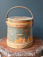 19thC Antique Firkin Sugar Bucket Old Blue Green Paint C Wilder & Son Hingham MA picture