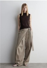 COS Beige Satin Wrap Tie Wide Leg Pants High Rise Pleated Pockets picture
