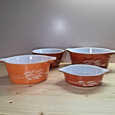 Vintage Pyrex Set of 4 Autumn Harvest Wheat Bowls Orange / Maroon Cottage Granny picture