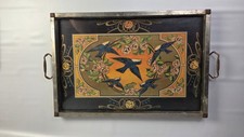 Art Nouveau Reverse Painted Glass Serving Tray Birds Roses Metal picture